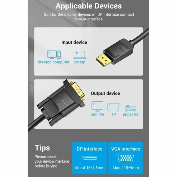 Display Porta uz VGA adapteris Vention HBLBJ Melns 5 m