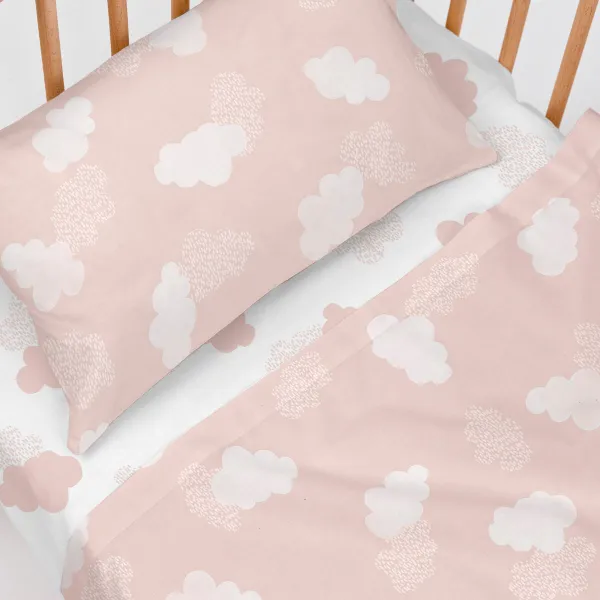 Cot Bedding Set HappyFriday Basic Kids Clouds Pink Baby Crib