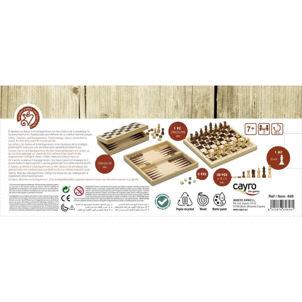 Setti 3 lautapeliä Cayro 648 Puu 29 x 29 cm 3-in-1 Shakki Backgamon Naiset