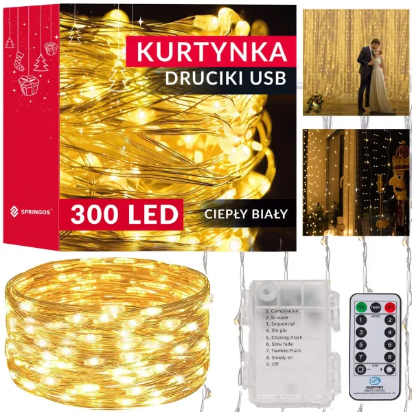 Jouluinen LED-valoverho Springos CL0183, 300 LEDiä, 3x3 m, lämmin valkoinen