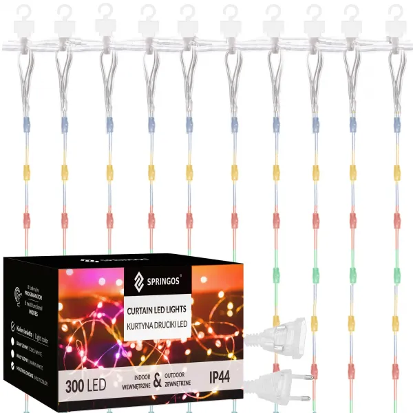 Valoverho Springos CL0335 300 LED, jääpuikot, sisä-/ulkokäyttöön, monivärinen + välkkyvä
