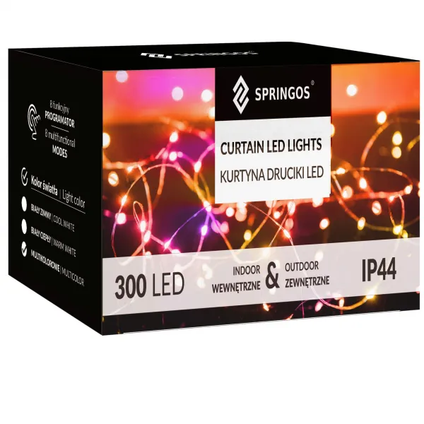 Šviesos užuolaida Springos CL0335 300 LED, varvekliai, vidaus/lauko naudojimui, daugiaspalvė + blyksnis