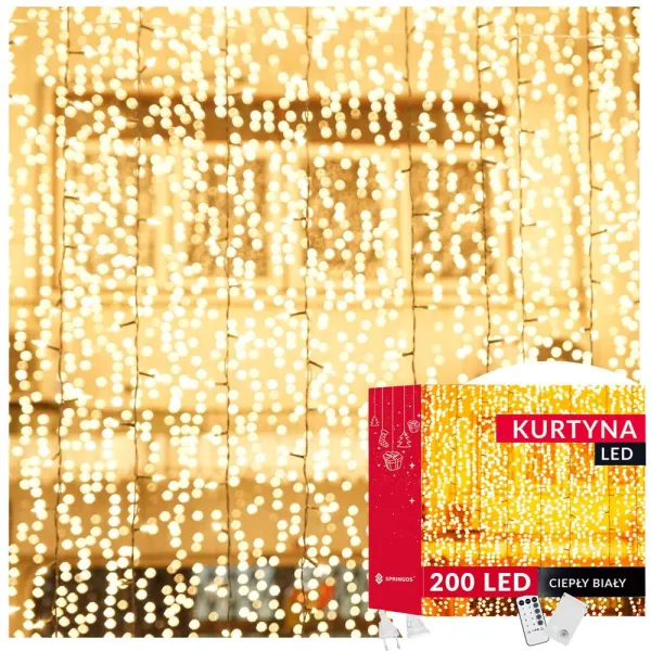 Gaismas aizkars Springos CL4054 200 LED girlianda, lāsteku lampiņas, silti balts
