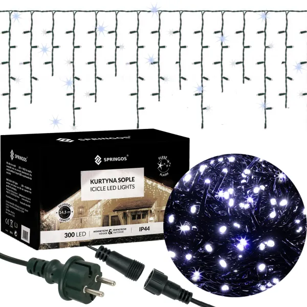Springos CL4038 LED-sadevesi verho 300 LED, kylmä valkoinen