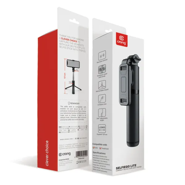 Crong SelfieGo Lite – Compact Bluetooth Selfie Stick Tripod (Black)