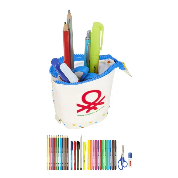 Koululaisen penaali lisätarvikkeilla Benetton Topitos Valkoinen (8 x 19 x 6 cm) (32 Kappaletta)