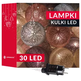 Kokvilnas bumbiņas 30 LED dekoratīvās gaismas, elektriskā virtene Springos CL0154 tirkīzzilā-rozā