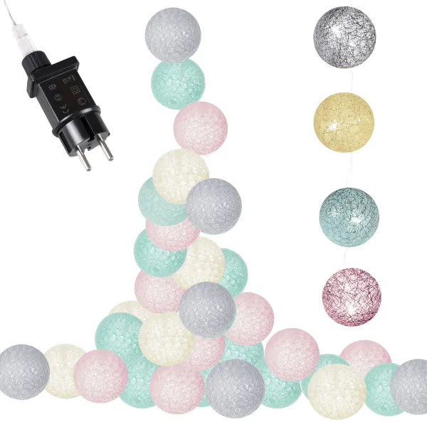 Puuvillapallot 30 LED koristevalot, sähköinen seppele Springos CL0154 turkoosi-vaaleanpunainen