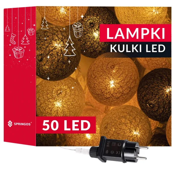 Cotton balls Springos CL0155, 50 LED, dekoratiivne valguskett, elektritoitega, grafiitvalged
