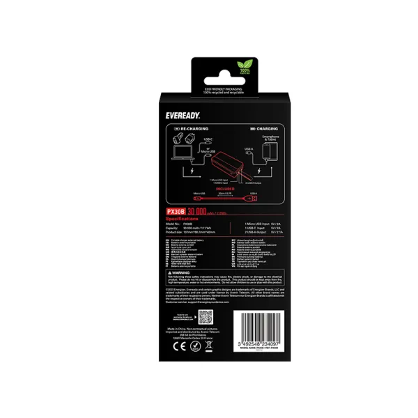 Eveready PX30B - Powerbank 30000 mAh 2x USB-A (Black)