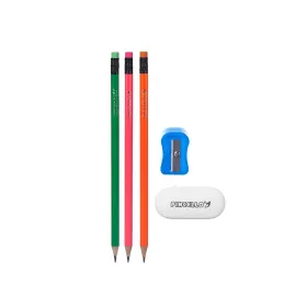 Pencil Set Pincello Blue Red Green Orange Pencil Sharpener Eraser (12 Units)
