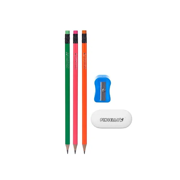 Pencil Set Pincello Blue Red Green Orange Pencil Sharpener Eraser (12 Units)
