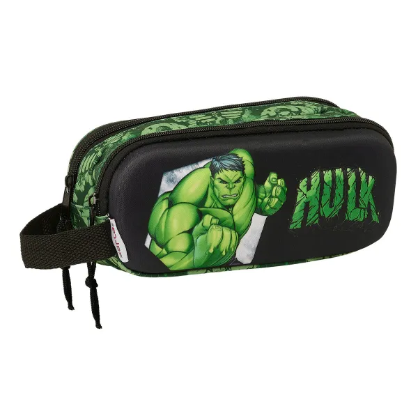 Kahe tõmblukuga pliiatsikarp Hulk Must Roheline 21 x 8 x 6 cm 3D