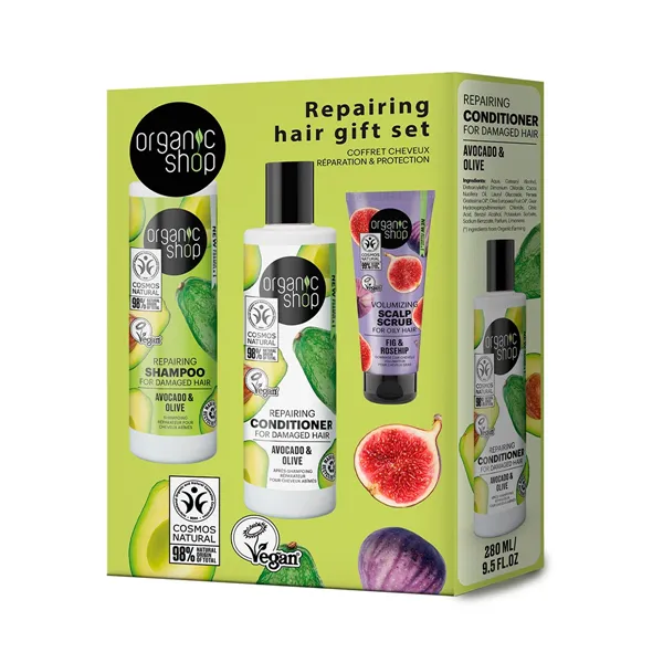 Organic Shop Aguacate Champu 280ml Aguacate Acondicionador 280ml Higo Exfoliante Corporal 75ml