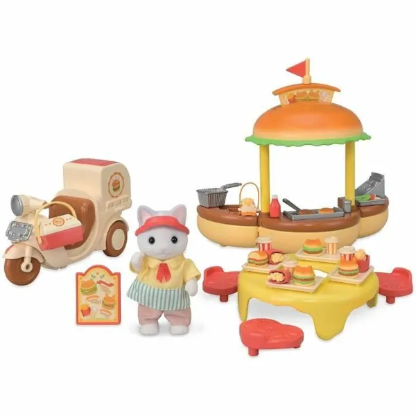 Lėlių namo priedai Sylvanian Families Puesto de hamburguesas - Papa Latte Cat y Scooter 30 Dalys