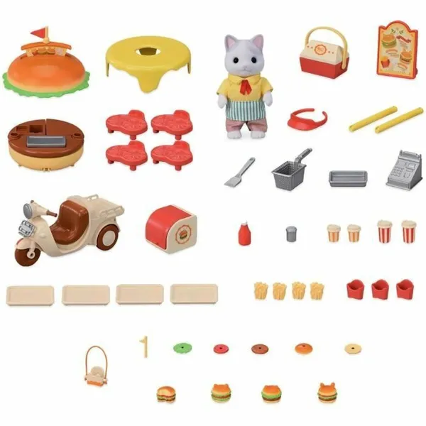 Nukkekodin tarvikkeet Sylvanian Families Puesto de hamburguesas - Papa Latte Cat y Scooter 30 Kappaletta