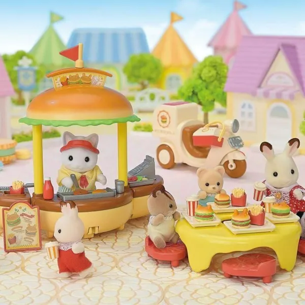 Lėlių namo priedai Sylvanian Families Puesto de hamburguesas - Papa Latte Cat y Scooter 30 Dalys