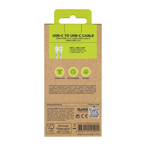 USB-C - USB-C Kaabel Muvit for Change Valge 3 m