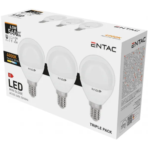 LED Mini Globe E14 6,5W NW 4000K 3-Pack