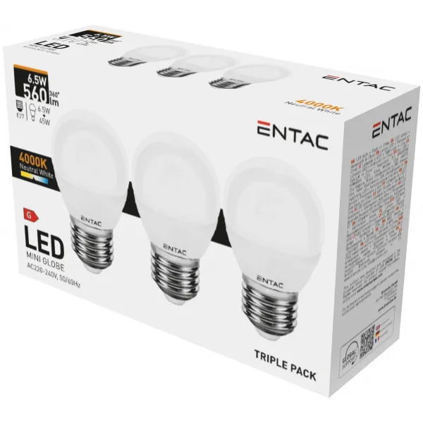 LED Mini Globe E27 6,5W NW 3-Pack