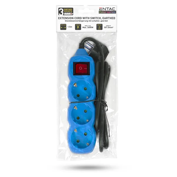 Socket Extension Cord S1 Color 3 Sockets With Switch 1.5m Color Series Blue