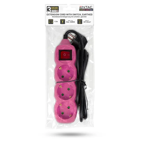 Socket Extension Cord S1 Color 3 Sockets With Switch 1.5m Color Series Pink