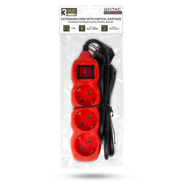 Socket Extension Cord S1 Color 3 Sockets With Switch 1.5m Color Series Red