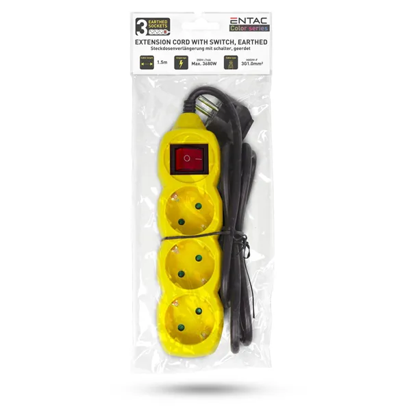 Socket Extension Cord S1 Color 3 Sockets With Switch 1.5m Color Series Yellow