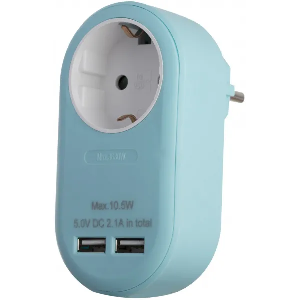 Power Adapter 1 Grounded Socket and 2 USB (total 2.1A) Blue