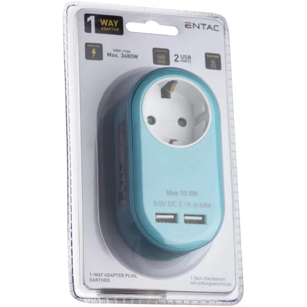 Power Adapter 1 Grounded Socket and 2 USB (total 2.1A) Blue