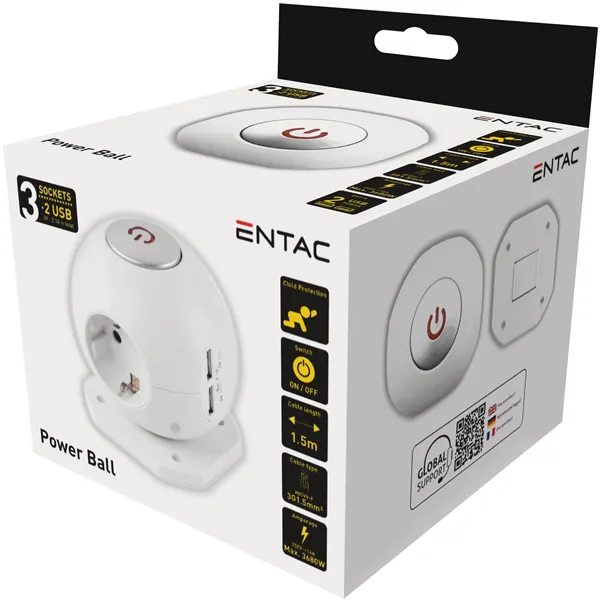 Power Ball 3 Sockets, 2x2.1A USB port with Switch 1.5m 3G1.5