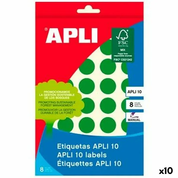 Клейкие этикетки Apli Зеленый круги 8 листов (10 штук)