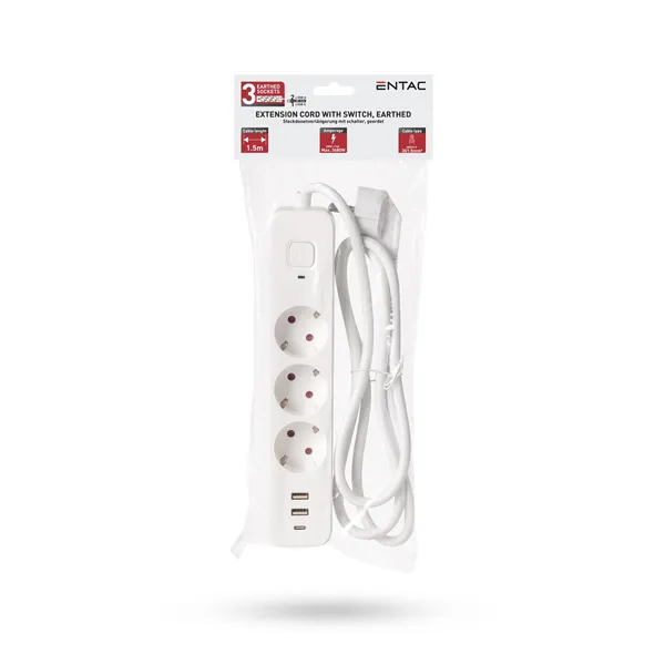 Socket Extension Cord D2 3 Sockets with Switch 1.5m 2xUSB-A x 1xUSB-C 3G1.5