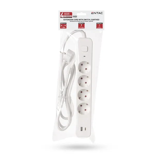 Socket Extension Cord D2 4 Sockets with Switch 1.5m 1xUSB-A x 1xUSB-C 3G1.5