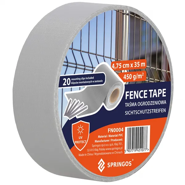 Fence tape Springos FN0004 35 m x 4.75 cm, 450 g/m2, gray 20 Clips