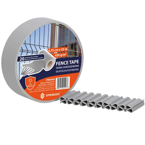 Fence tape Springos FN0004 35 m x 4.75 cm, 450 g/m2, gray 20 Clips