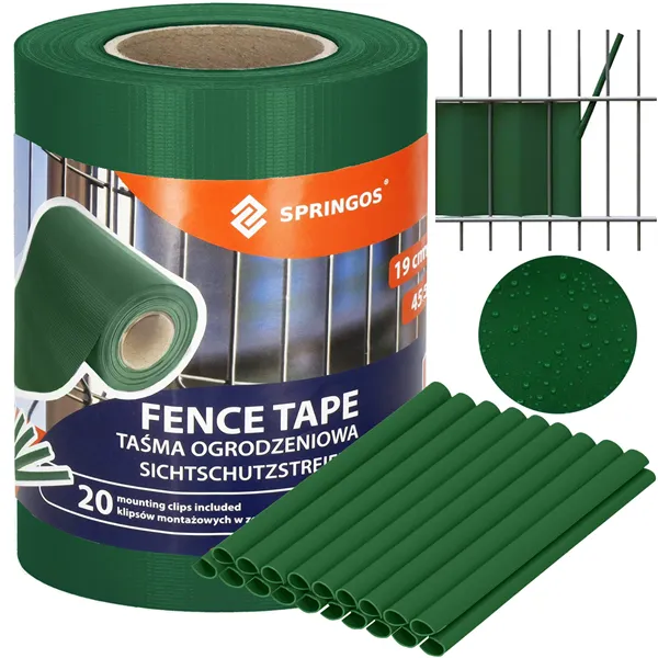 Fence tape Springos FN0008 19 cm x 35 m 450g/m2, dark green 20 Clips