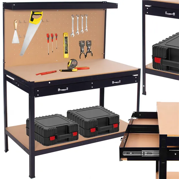 Work table for garage 120x60x155 cm with worktop and drawer, black and brown