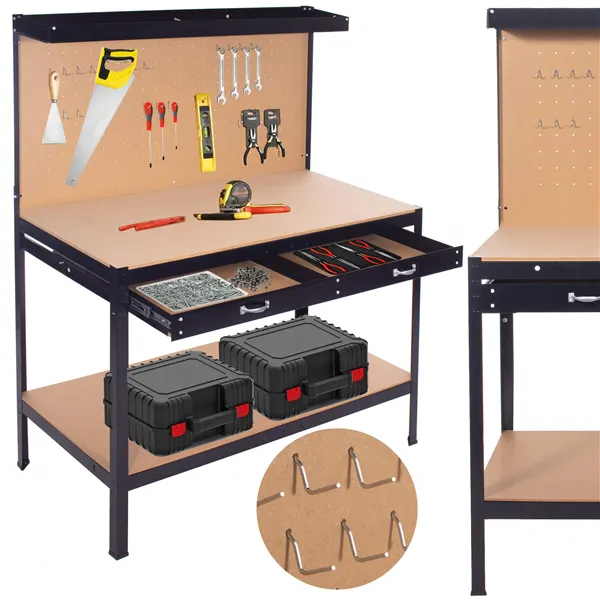 Work table for garage 120x60x155 cm with worktop and drawer, black and brown