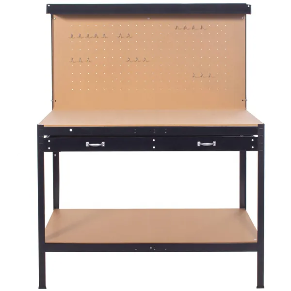 Work table for garage 120x60x155 cm with worktop and drawer, black and brown