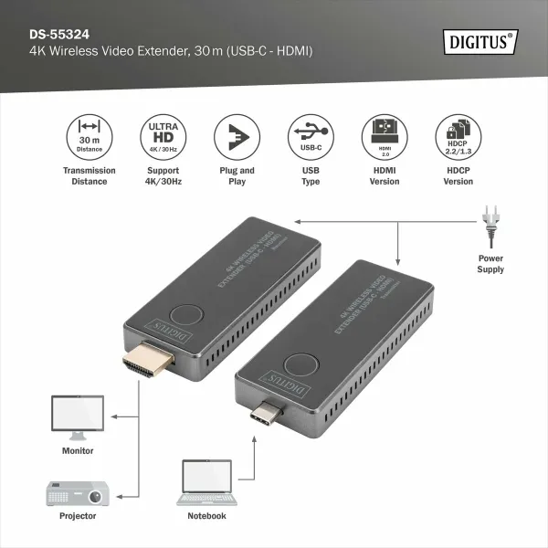 HDMI Cable Digitus by Assmann 30M (USB-C - HDMI)