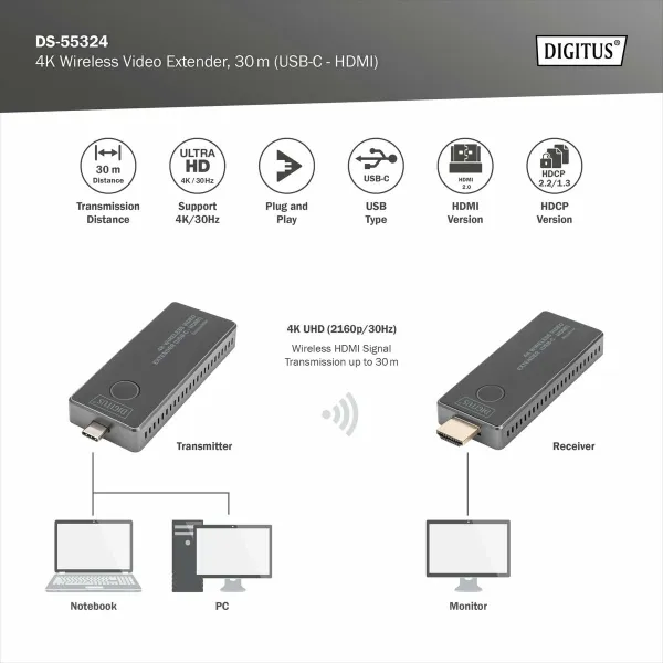 HDMI Cable Digitus by Assmann 30M (USB-C - HDMI)