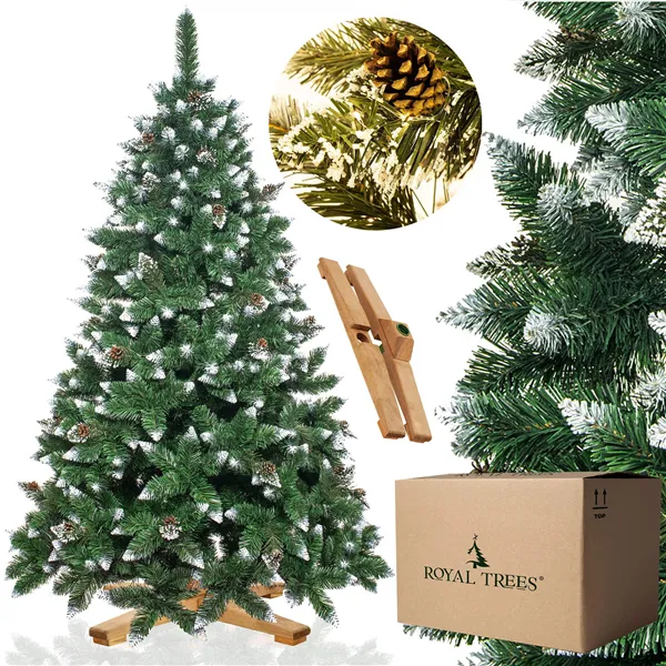 CT0191 Artificial Christmas tree 220 cm Premium Royal Trees, snowy diamond pine with cones