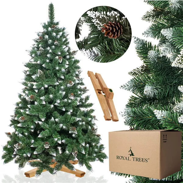 CT0191 Artificial Christmas tree 220 cm Premium Royal Trees, snowy diamond pine with cones