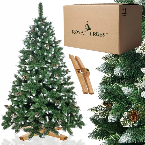 CT0191 Artificial Christmas tree 220 cm Premium Royal Trees, snowy diamond pine with cones