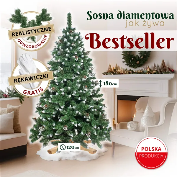 CT0190 Artificial Christmas tree 180 cm premium Royal Trees, snowy diamond pine with cones