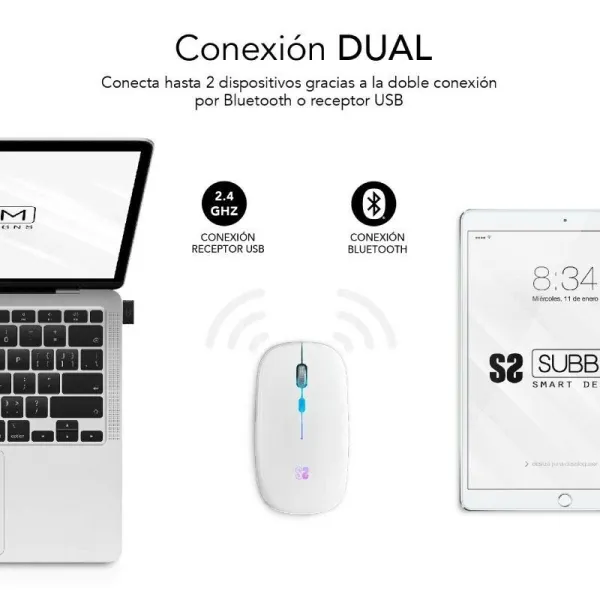 Juhtmevaba Bluetooth-hiir Subblim SUBMO-LDFLAT2 Valge 1600 dpi