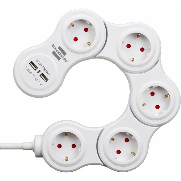 Elektros prailgintuvas su jungikliu, 5 lizdai Brennenstuhl Vario-Power Balta 3600 W USB x 2 (1,4 m)