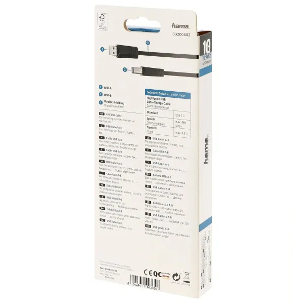 USB 2.0 A - USB B kabelis Hama 00200602 Juoda
