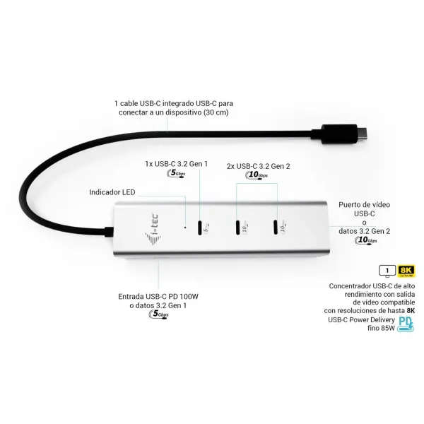 USB Centrmezgls i-Tec C31HUBMETAL8KPDPRO Sudrabains